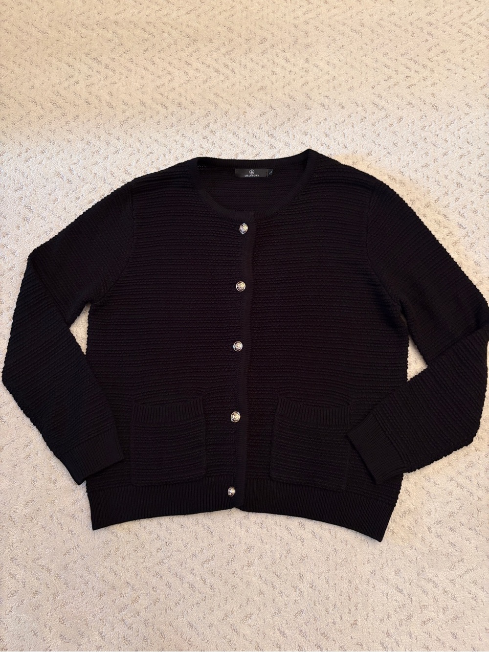 Black Textured Cardigan Sweater Size L Decorative Gold Tone Buttons Pockets